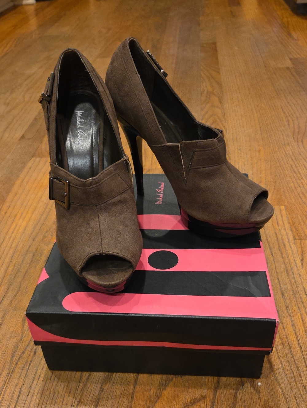 Michael Antonio Brown Suede Peep-Toe Platform Heels with Buckle